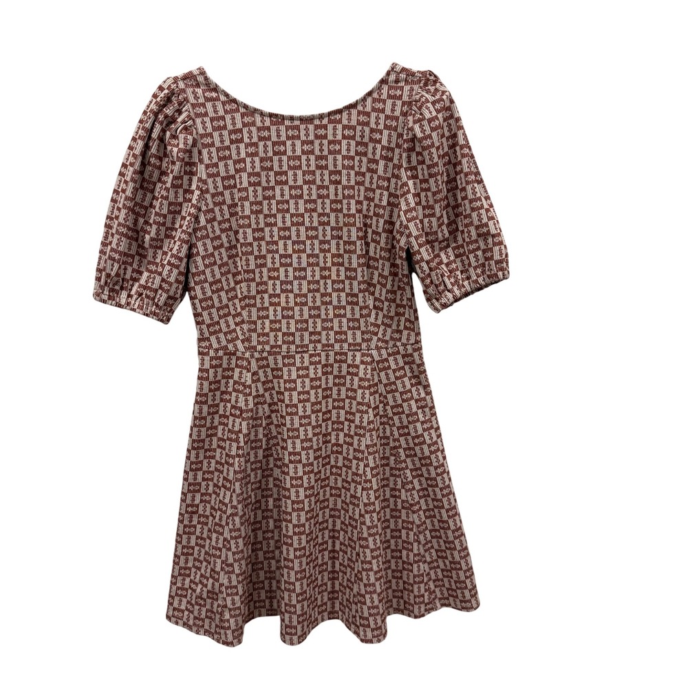 Doe and Rae Rust Geometric Jacquard Puff Sleeve Fit and Flare Mini Dress Small
